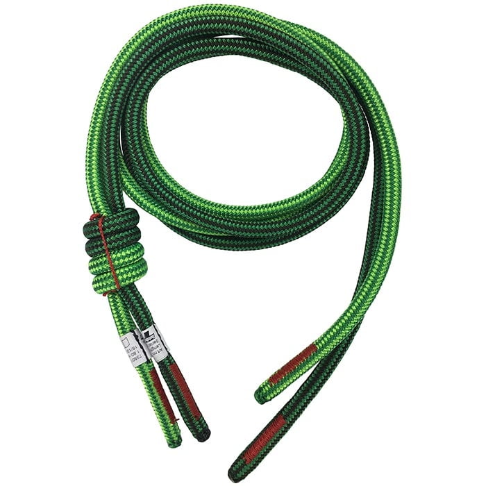 treeMOTION rope bridge to knot, green rope with black and light green patterns, ends with red reinforcement and two white labels