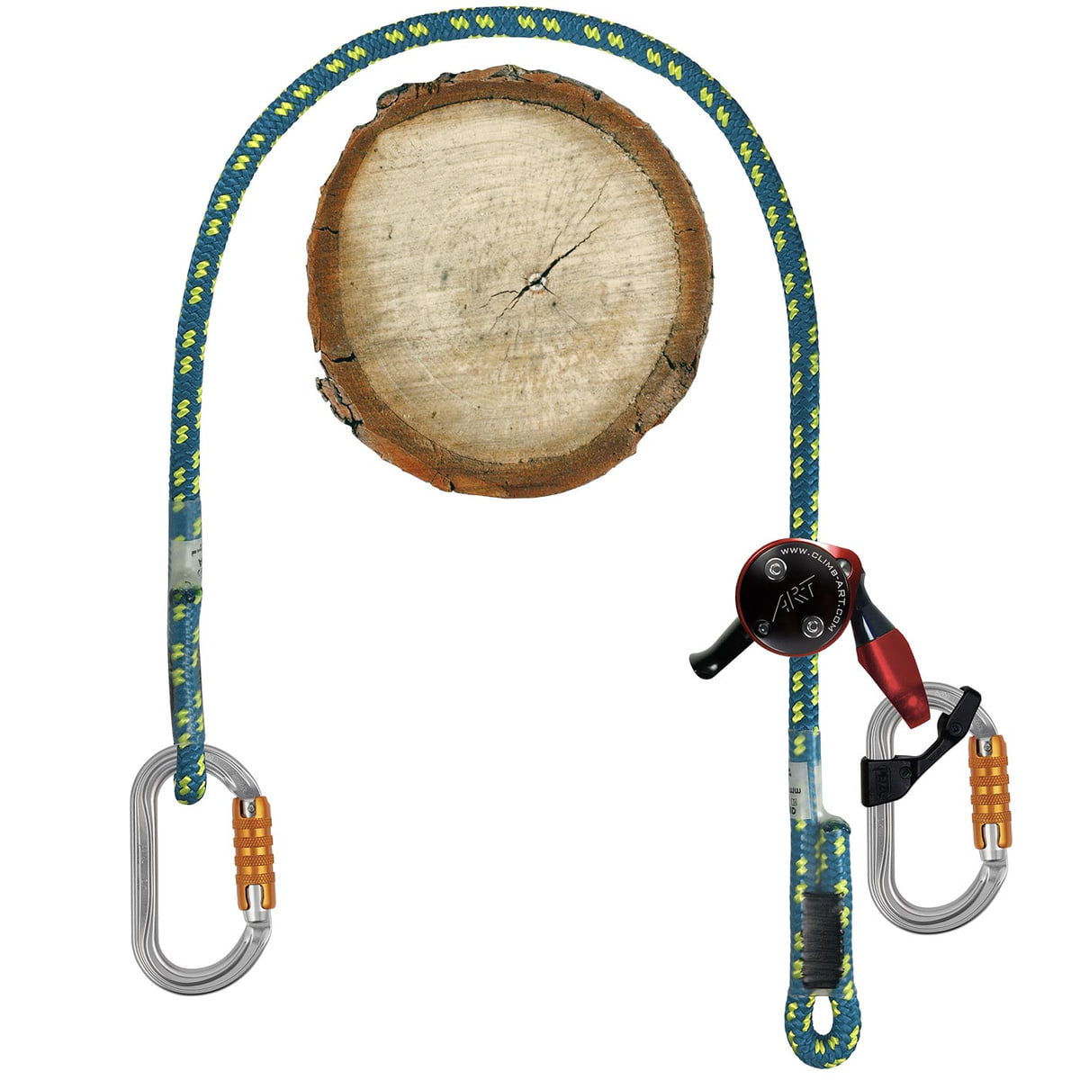 XP-e First Class Swivel Set with blue and yellow rope, two silver carabiners with orange clasps and black device at the end of the rope, draped on wooden disc