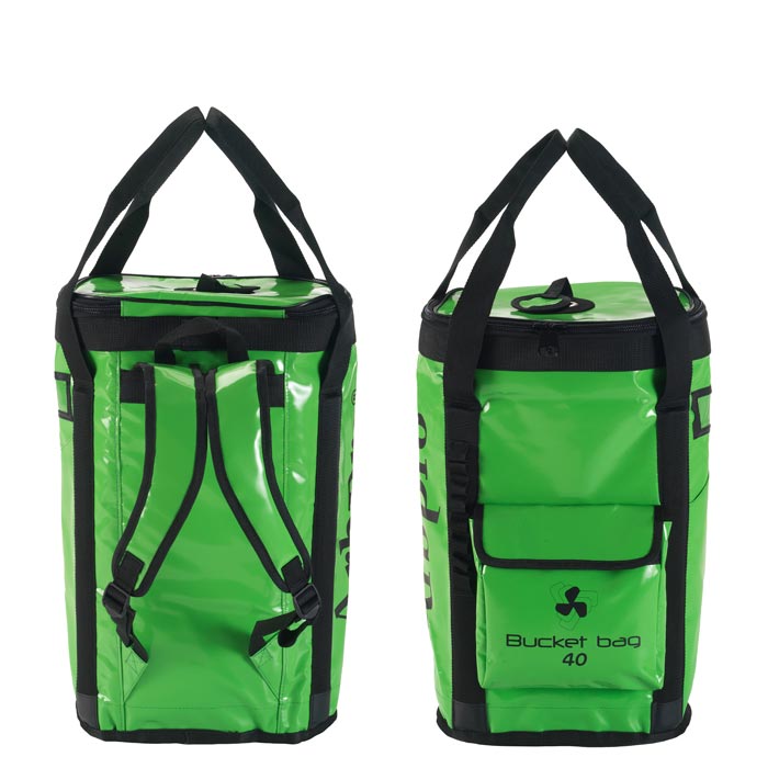 Back and front view of the green Bucket Backpack 40 from Airpro with black straps and front pocket