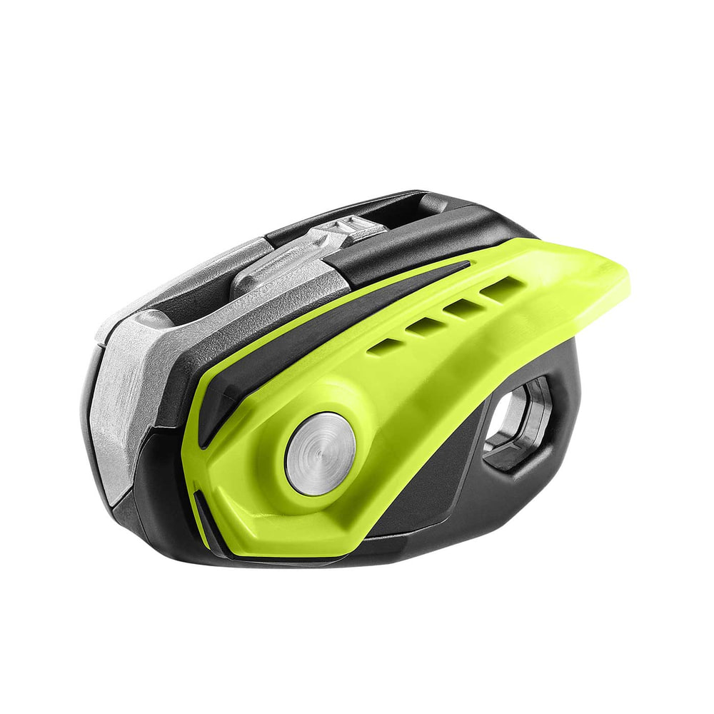 Edelrid Megawatt safety device in black and neon green with visible metal part and silver button, side view against white background
