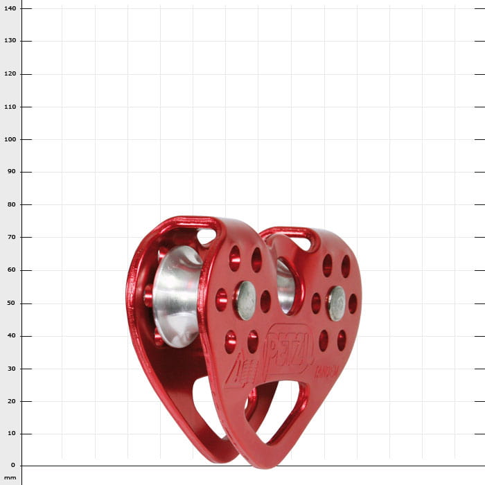 Red pulley from the manufacturer Petzl called Tandem, made of metal with several holes and two rollers placed side by side