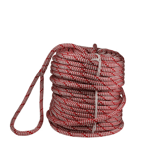 Sirius Bull Rope 12 S, Coiled Red and White Braided Rope with Loop, Manufacturer Not Visible