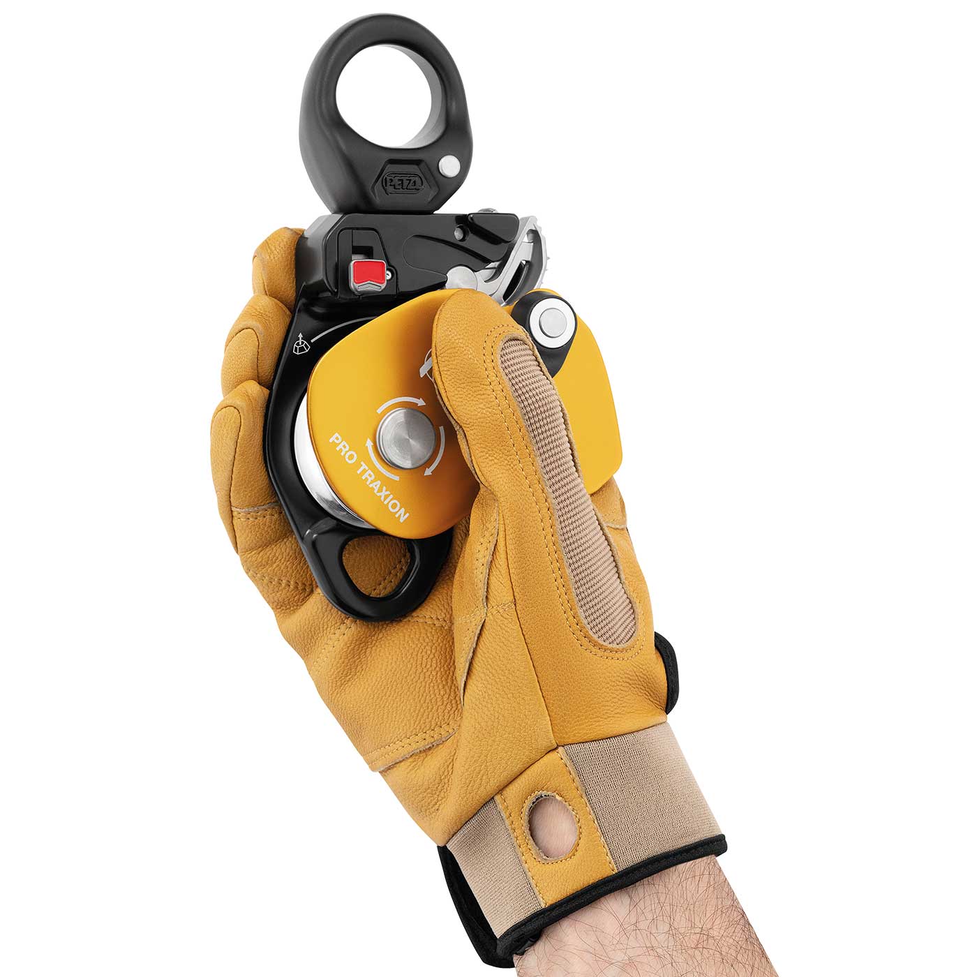 Petzl Pro Traxion Rope Pulley in Yellow and Black, Held by One Hand with Yellow Work Glove
