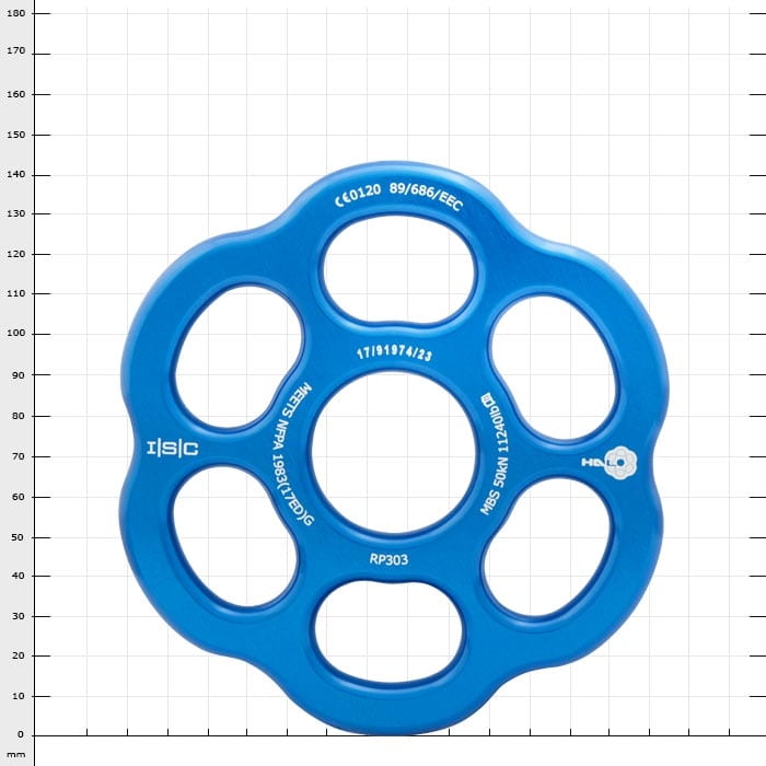 Rigging Plate Halo Blue, blue round rigging plate with six openings and white lettering on the surface