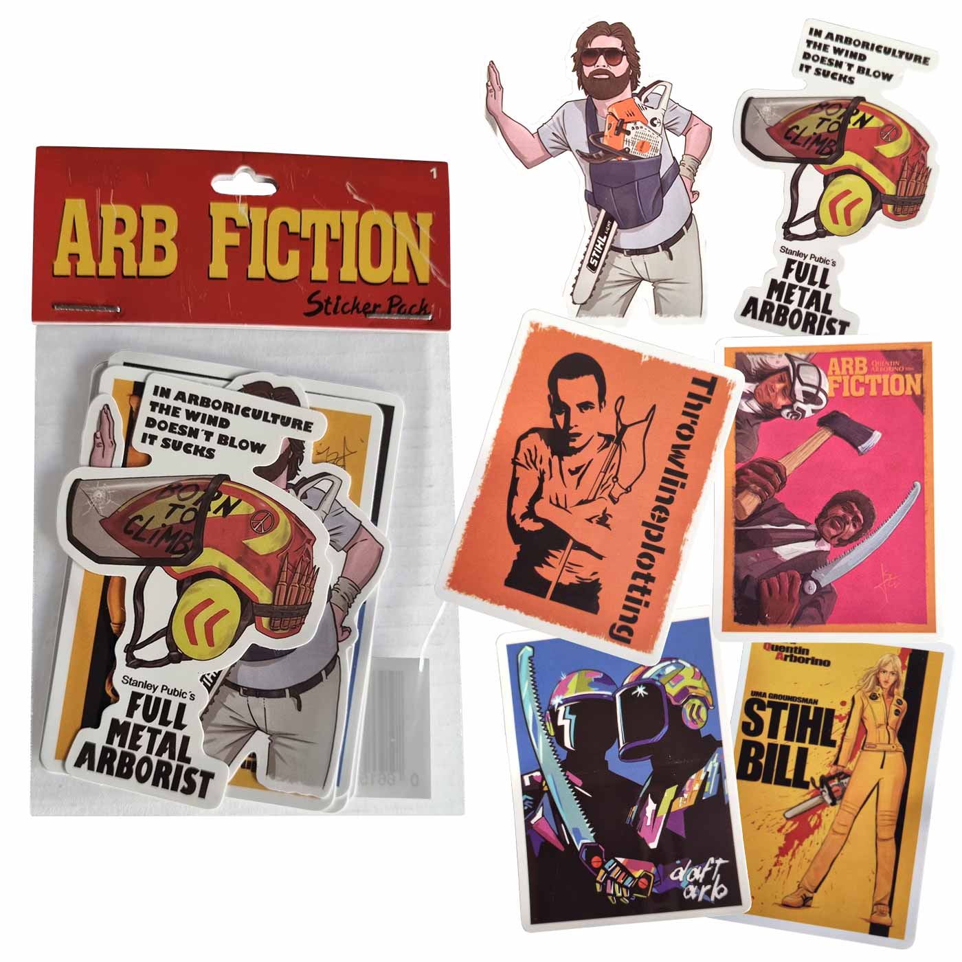 ARB Fiction Pack Vol. 1 Sticker Pack with red headboard and several stickers, including a man with a chainsaw, a helmet with "FULL METAL ARBORIST" written on it and a sign with text