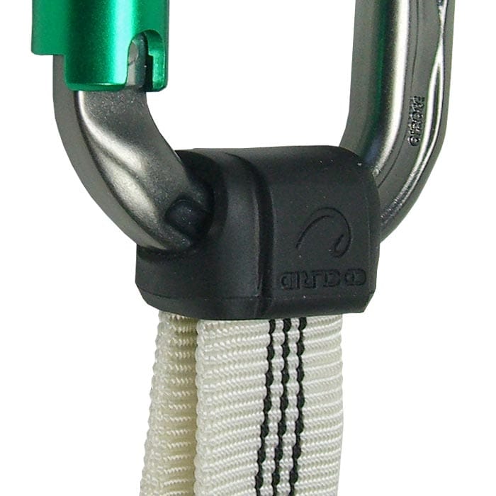 Antitwist 26 by Edelrid, black plastic part on a metal carabiner with green closure and white strap with black stripes