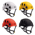 Four PETZL Strato Vent helmets in white, yellow, red and black with black chin strap and vents