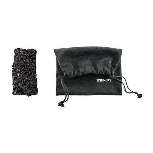 Skinners black folded sock next to black drawstring pouch and white Skinners lettering