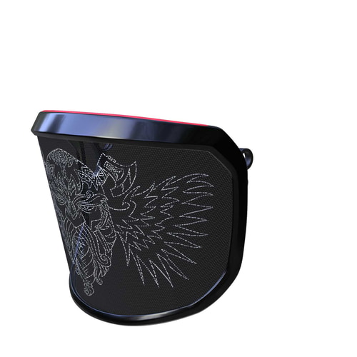 PROTOS® Visor Special Edition Side View with Black Frame and White Viking Face with Wings on Black Background from Opposite Perspective