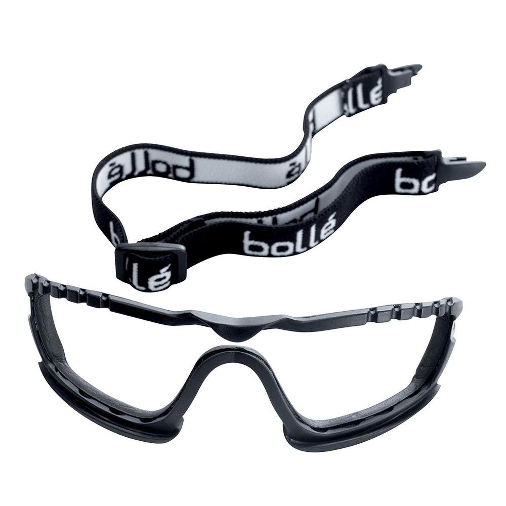 Cobra spare parts kit with black goggle strap with white inscription "bollé" and black frame