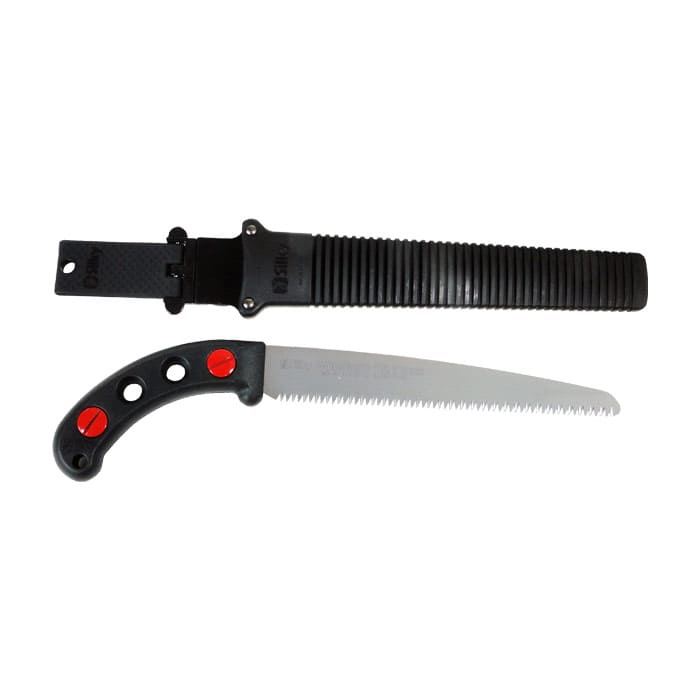 Gomtaro Root 240-8 hand saw with black handle and serrated blade, plus black protective cover with grooved structure and fastening strap