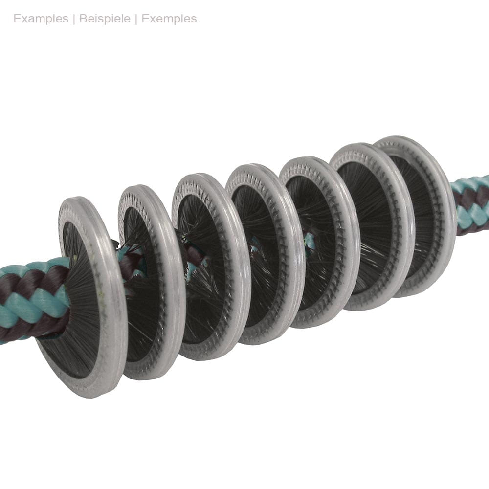 Rope Brush, gray round brushes with black bristles arranged around a blue and black braided rope