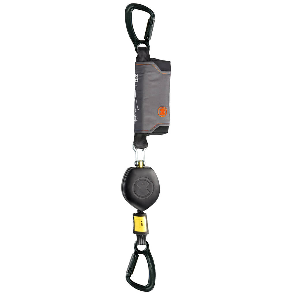 PEANUT I 13, belay device with two black carabiners and grey protective cover with orange logo