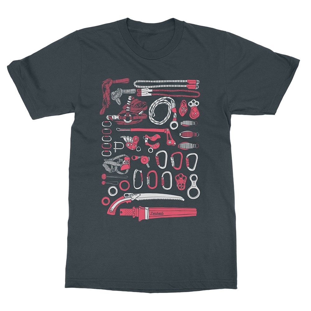 Daily Carry T-shirt in dark grey with various climbing equipment illustrations in red and white on the front