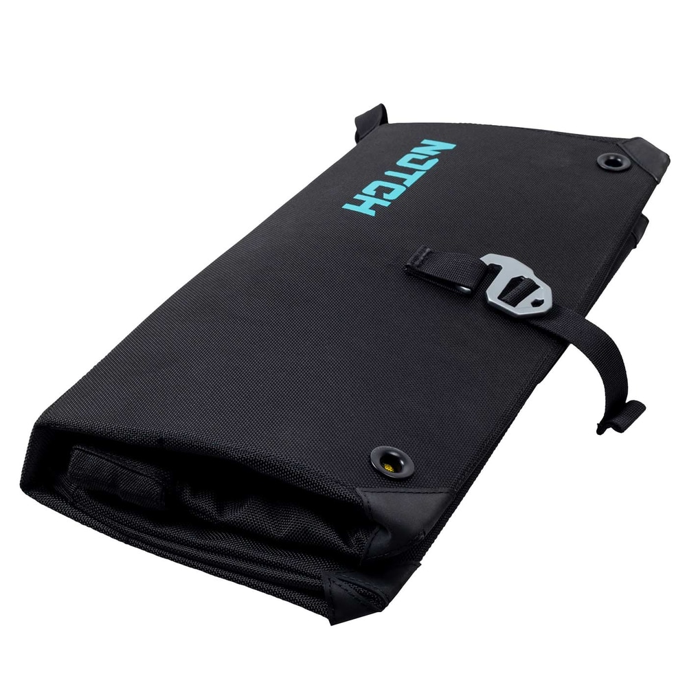 Throwline Pop Box by Notch, folded black box with light blue lettering and black closure strap