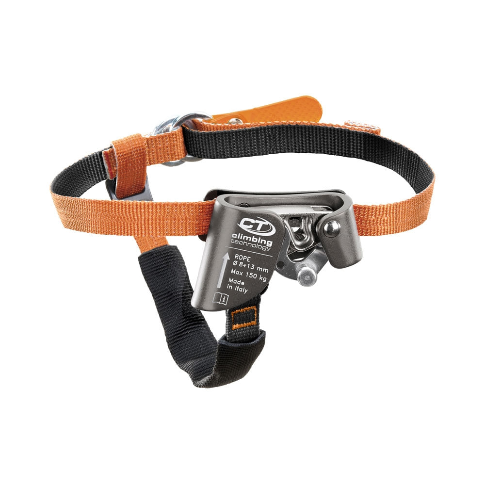 Quick Step L Foot ascender with orange-black strap and grey metal mechanism by Climbing Technology