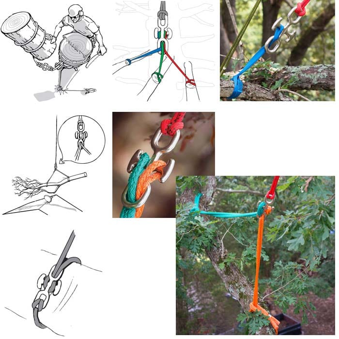 Backbone Mini, a collage of six images with application examples, including drawings and photos of ropes and knots in trees, shows the silver metal part in various application scenarios