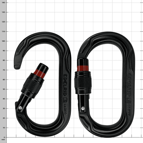 Oval Power 2500 Screw by Edelrid, two black oval carabiners, one open with red retaining ring, the other closed, both with screw cap and fine knurling on the breech