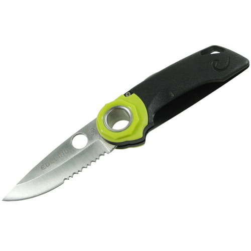 Ropetooth folding knife by Edelrid with black handle, green accent and silver blade, opened, photographed from above
