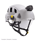 White PETZL Strato Vent helmet with clear face shield and mounted headlamp