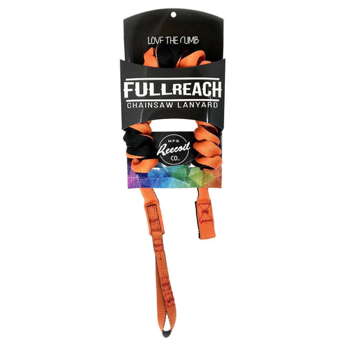 Full Reach Lanyard in orange and black, packed with black label with white lettering "FULL REACH CHAINSAW LANYARD"