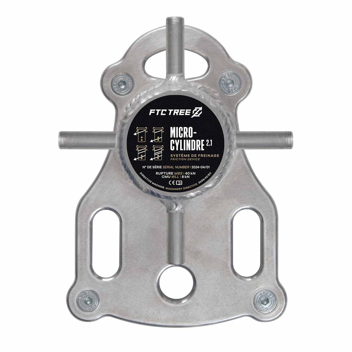 Micro Cylindre 2.1 by FTC TREE, silver metal device with four short rods, taken from the front with black sticker with text and symbols