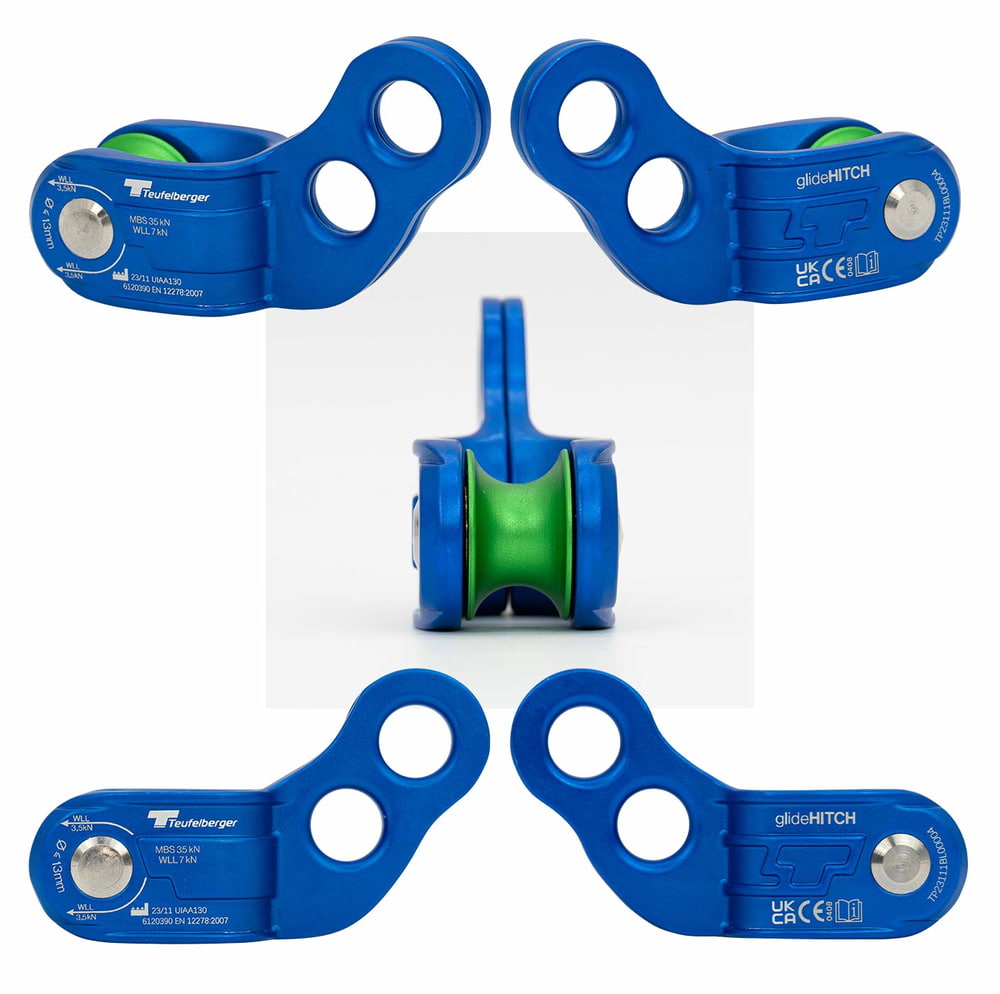 Five views of the blue Teufelberger glideHITCH pulley with green pulley, including front, back and side views, as well as a close-up of the pulley from the front