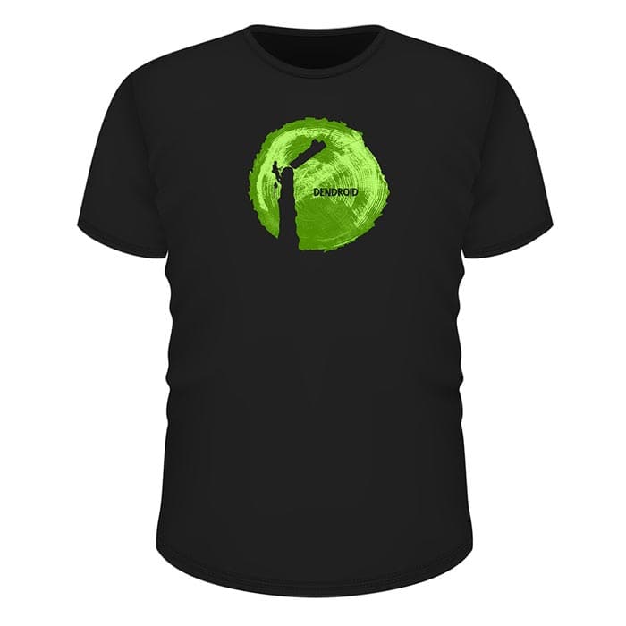 Black T-shirt "Go Big or Go Home" with green tree trunk cross-section and black tree climber, text "DENDROID" on the front, manufacturer not visible