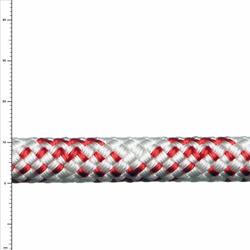 Patron Plus rope in white with red stripes, close-up of braiding