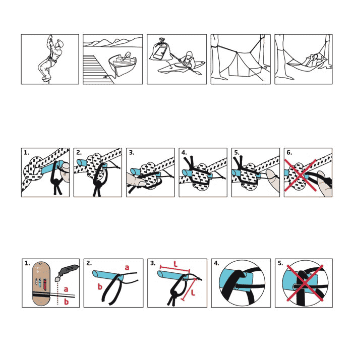 Rope Pin Set with instructions in black and white and colored illustrations on how to use the pins