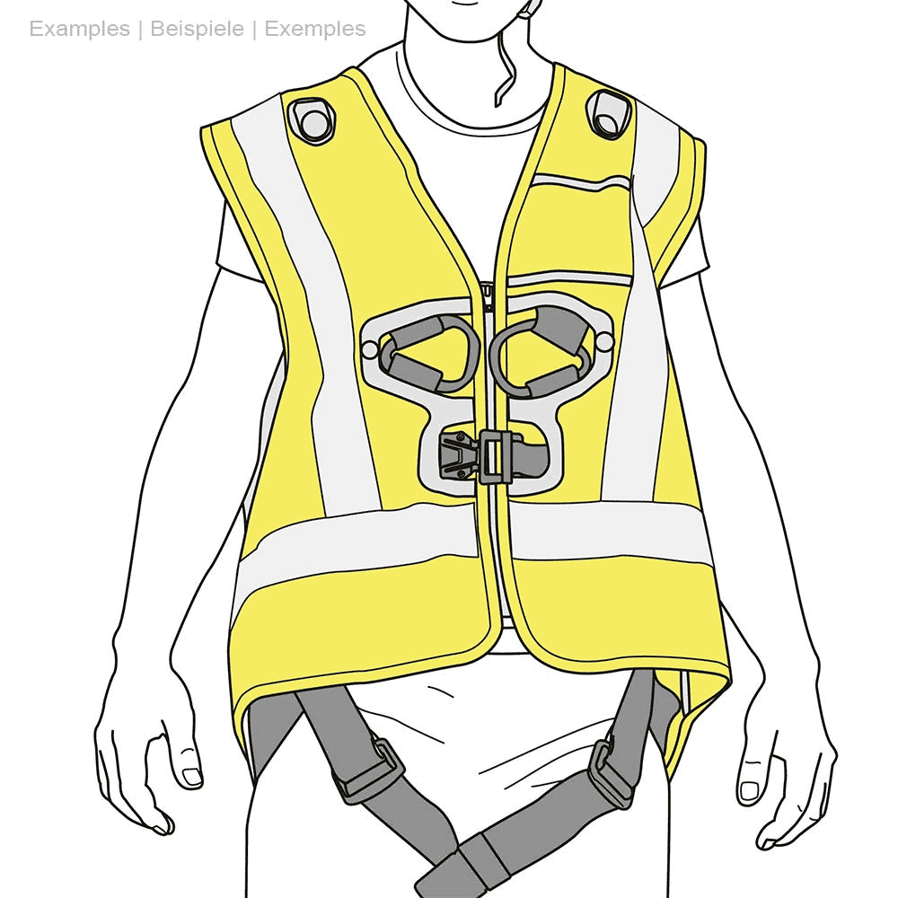 Newton Vest HI-VIZ illustration of a person wearing a yellow safety vest with grey reflective stripes and black brackets, in addition belts are visible