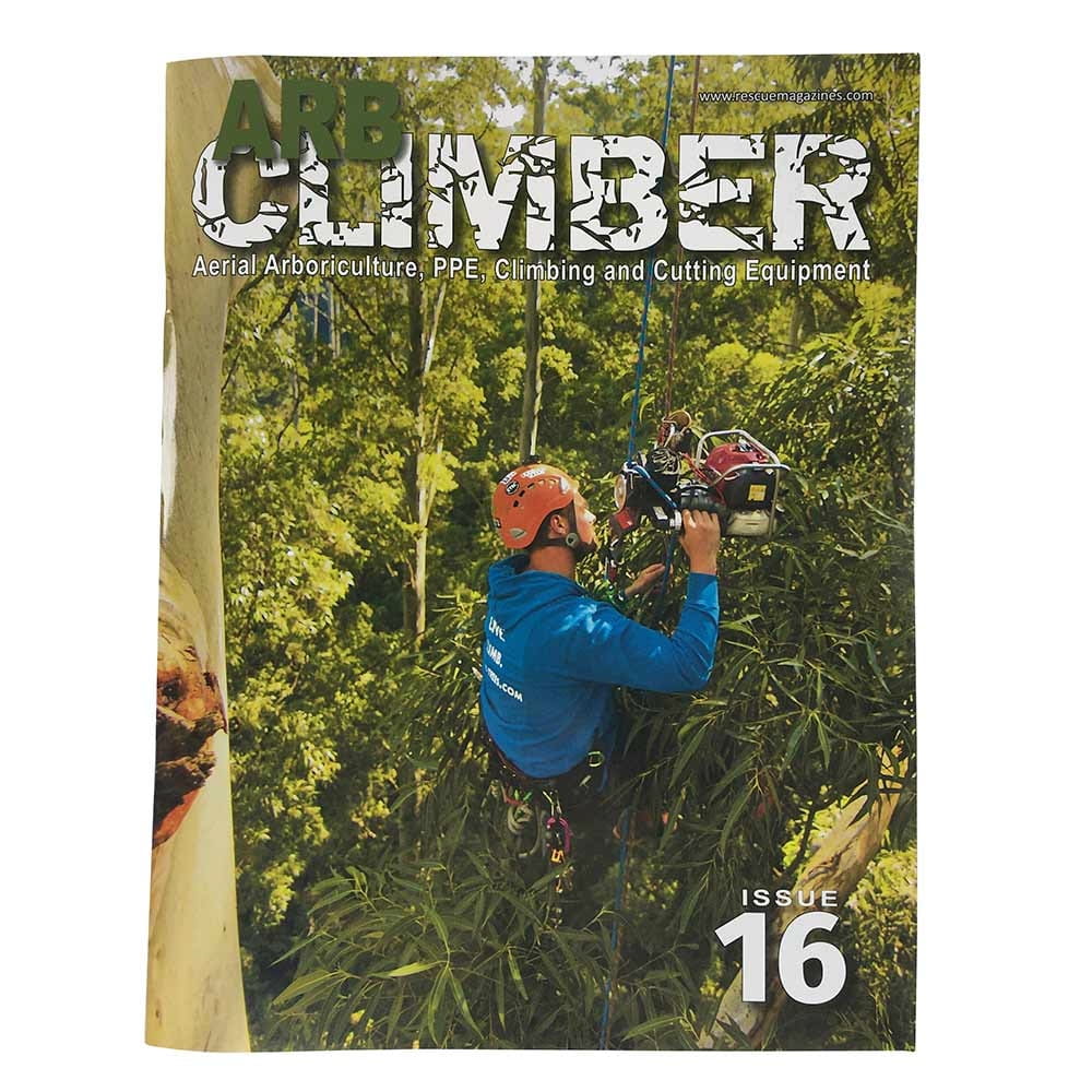 Arb Climber No. 16 magazine with a climber in a blue jacket and orange helmet working on a tree with ropes