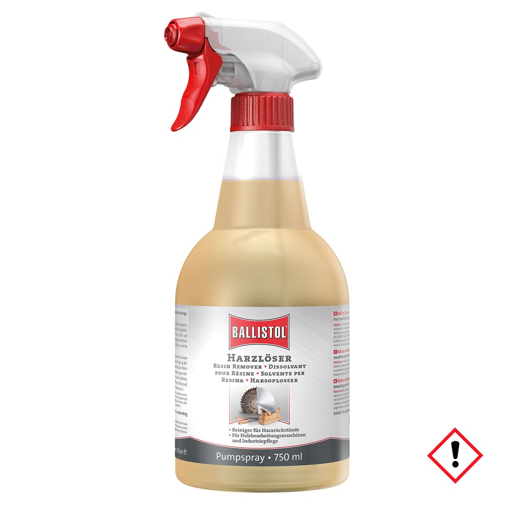 Ballistol Resin Dissolver 0.75 Pump spray in a transparent plastic bottle with red spray head and white label with red Ballistol logo and product information, content 750 ml