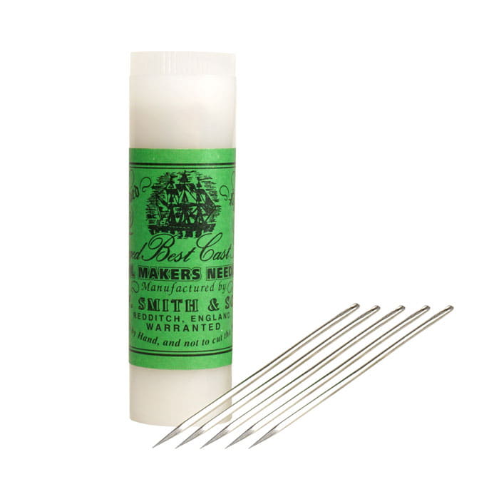 Rigging Needle Set of Five Long Silver Needles and White Plastic Container with Green Label, Manufacturer Smith & Sons, Redditch, England