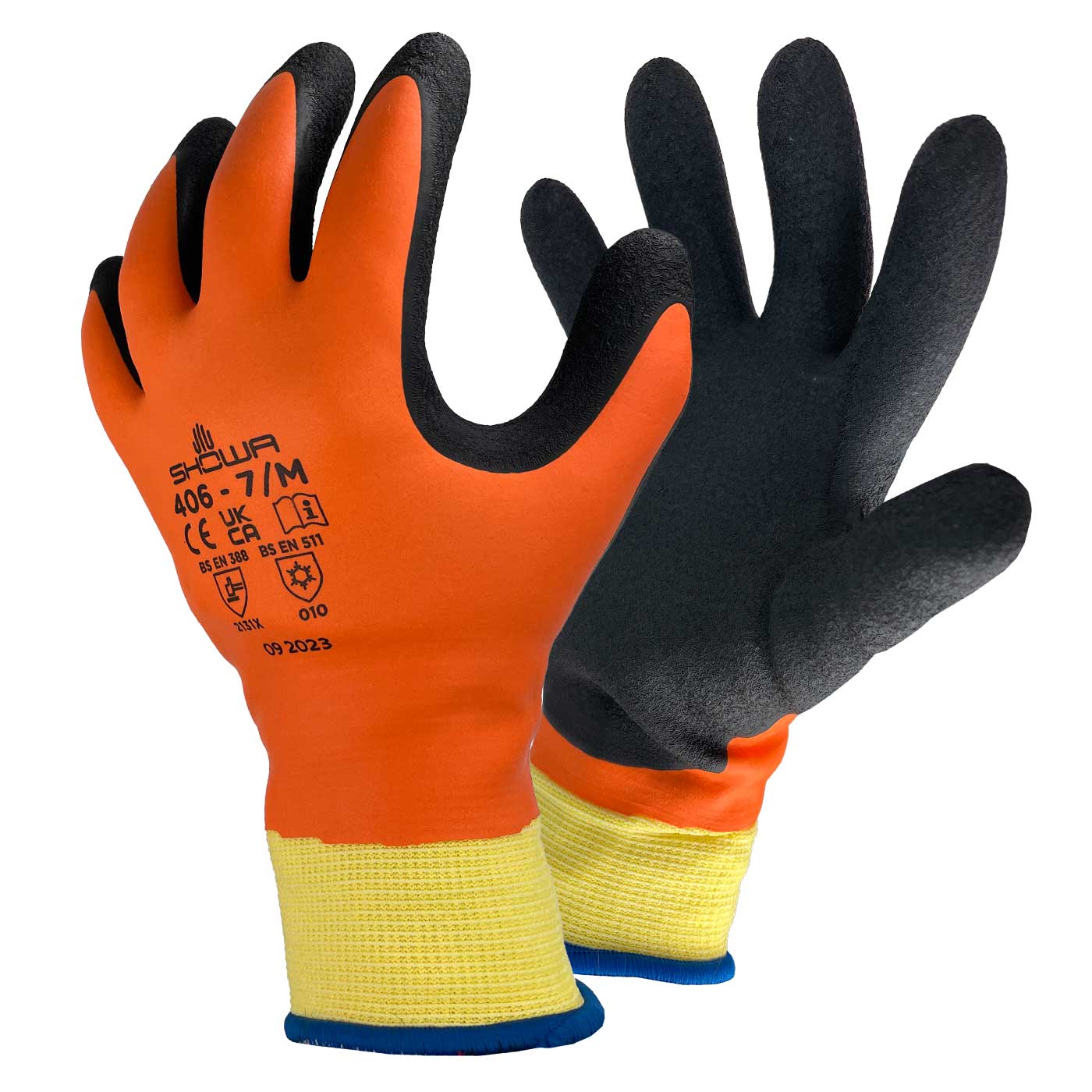 Showa 406 Work Gloves in Orange and Black with Yellow Cuff, Visible Front and Back