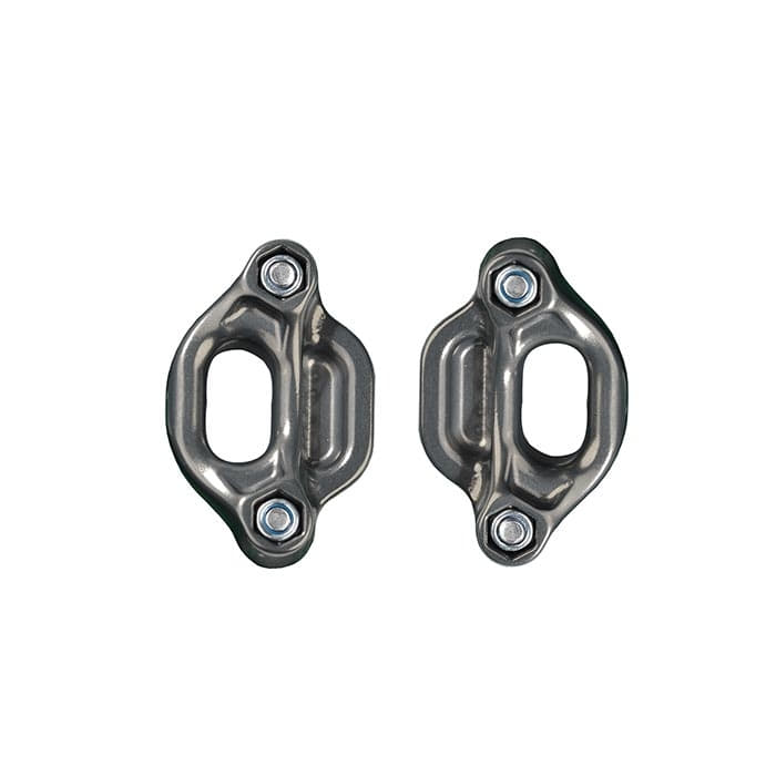 treeMOTION Evo lanyard, two gray metal parts with screws on white background