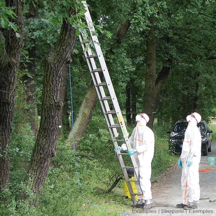 Two people in white EPS Guard protective suits with orange stripes, blue gloves and protective masks are standing next to a ladder in the forest, trees and a car can be seen in the background