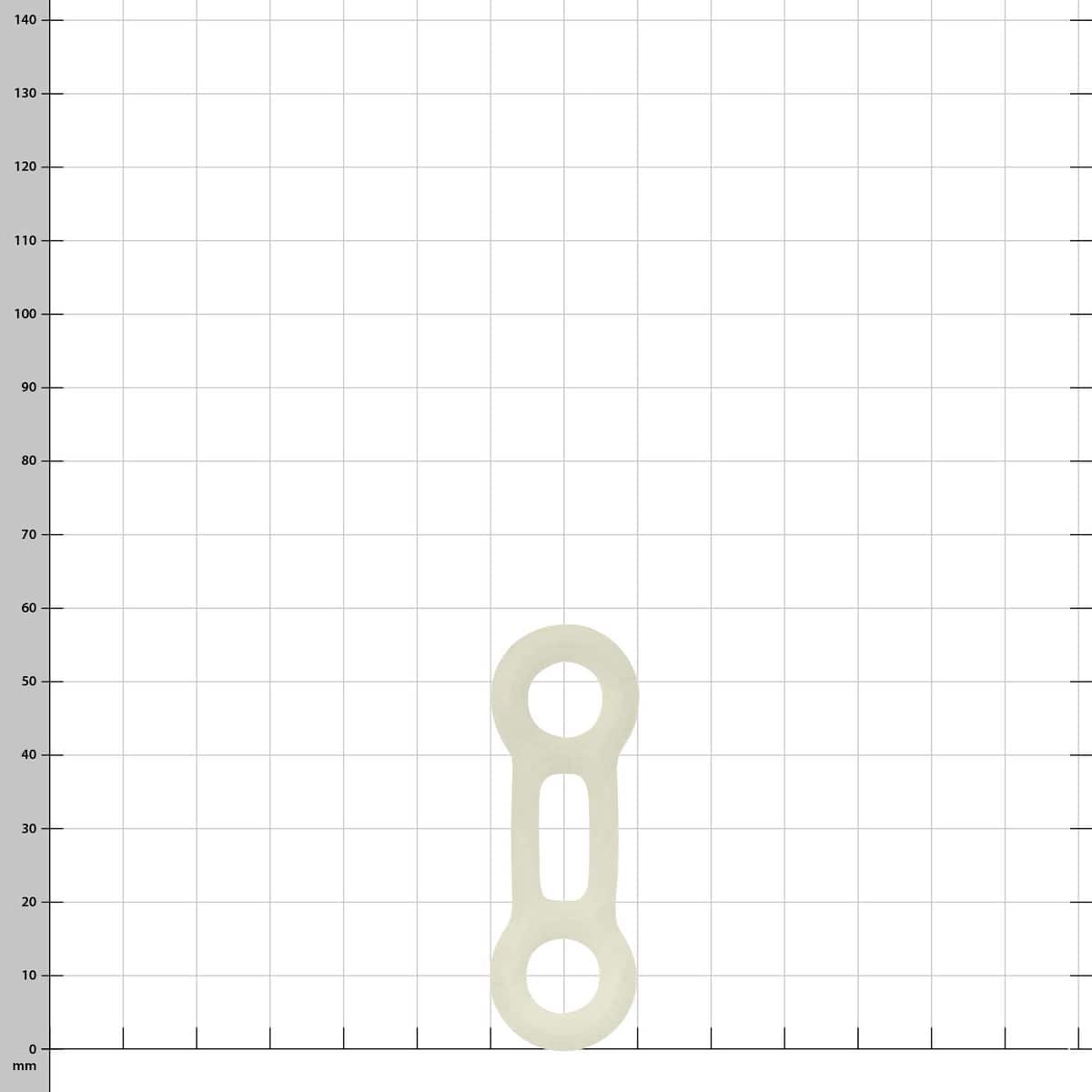 Fast Rubber, white elastic elastic band with two large and one small opening in the middle, against a grid background