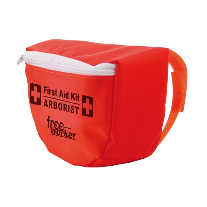 First aid kit Freeworker, red first aid kit with white zipper and inscription "First Aid Kit ARBORIST freeworker" on the front, with orange Velcro strap, from a different perspective