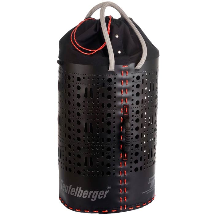 ropeBUCKET 80, black cylindrical container with many holes, black drawstring closure at the top, grey handle loops, red stitching and grey lettering "Teufelberger"