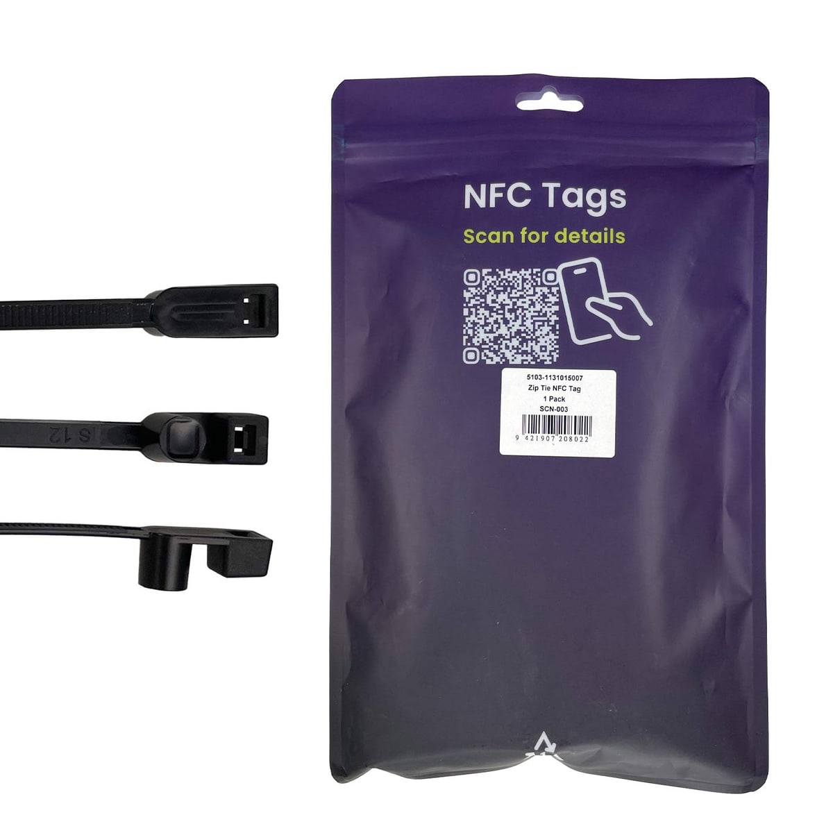 NFC Tag cable ties, back of the packaging with a purple background, a QR code, the text "NFC Tags Scan for details" and a white label with product information, next to it three black cable ties in different close-up views.