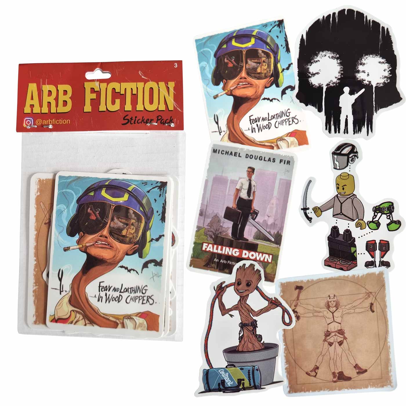 ARB Fiction Pack Vol. 3 sticker pack with red cover page and several colorful stickers underneath, including a sticker with a man wearing a helmet and cigarette and the inscription "Fear and Loathing In Wood Chippers"