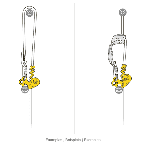 Two schematic drawings of the Petzl ZigZag cable system in different positions on one rope