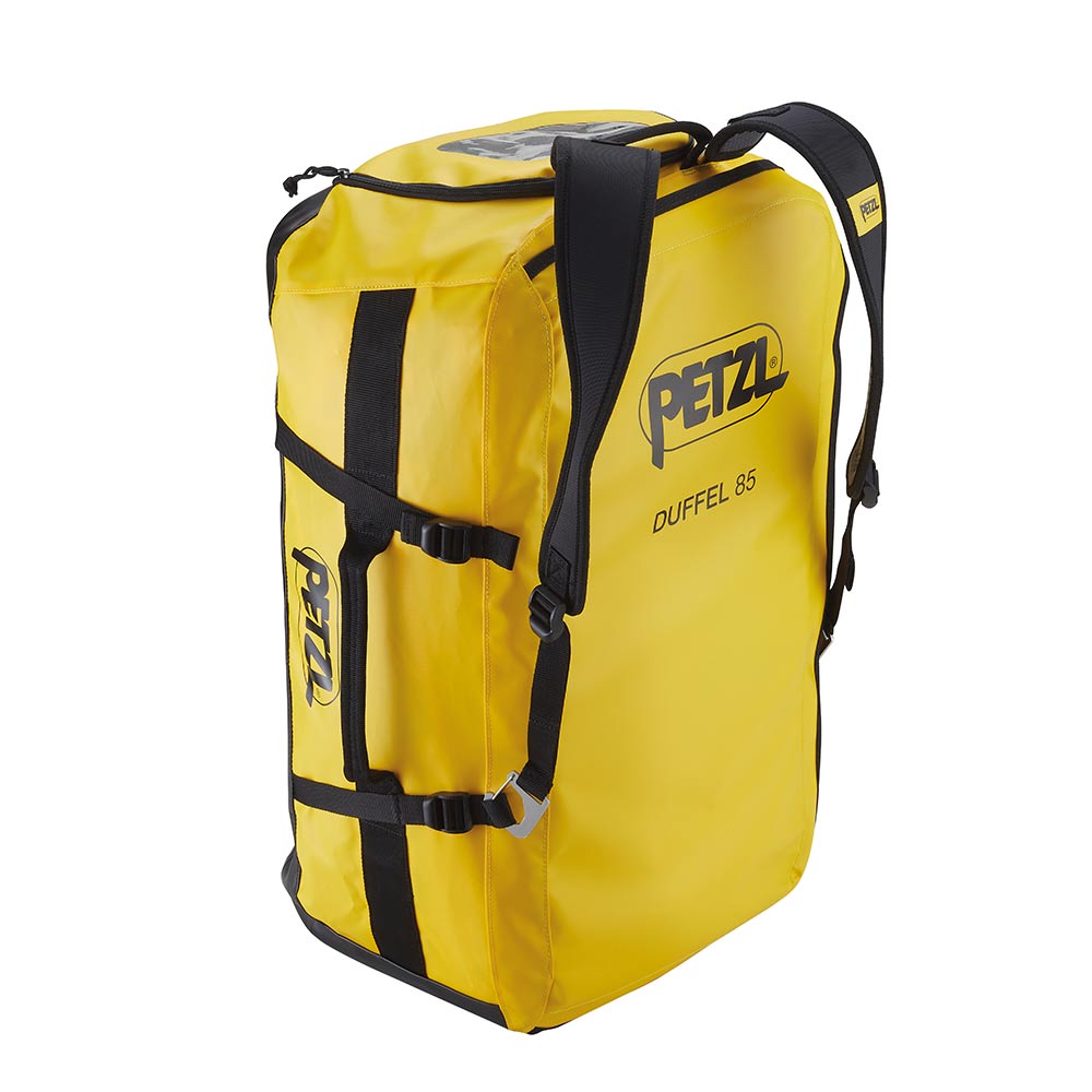 Yellow PETZL Duffel 85 bag with black straps and handles, PETZL lettering and buckles on the side