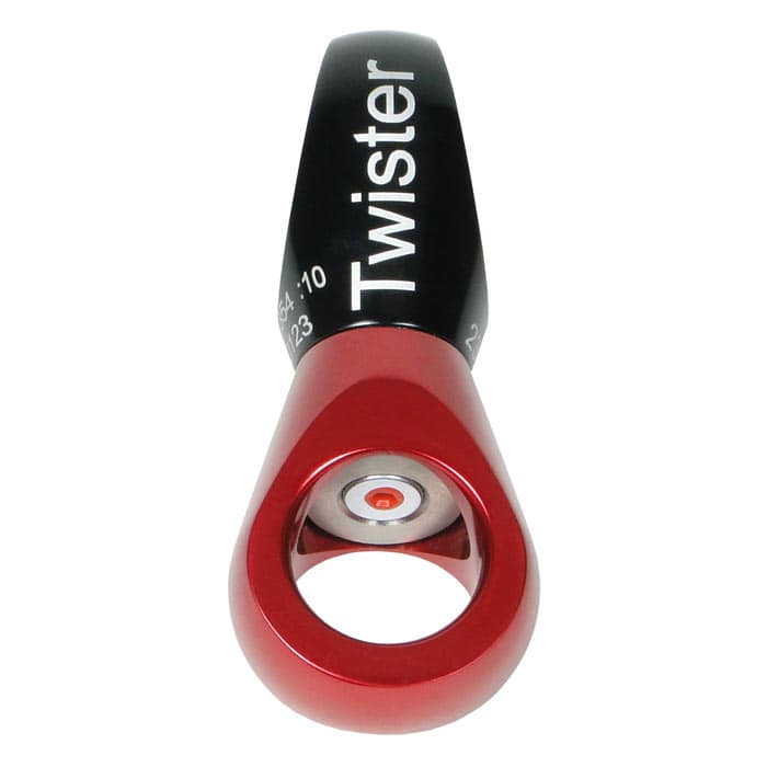 A red and black Twister snap hook from the front with visible magnet