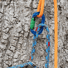 karaT carabiner in blue with green screw cap, attached to a tree with orange and blue climbing line