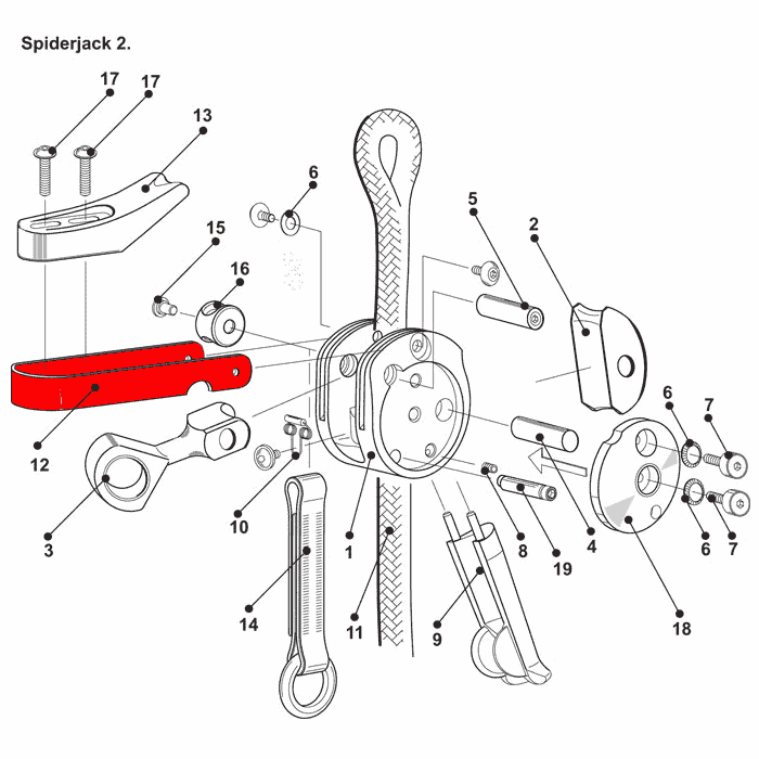 Exploded view of a SpiderJack 2.1 system with numbered parts, including a component marked in red and various screws and parts.