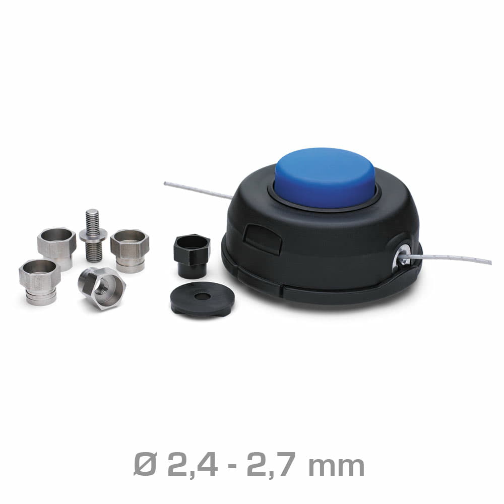 T35 Universal Line Bobbin with black housing and blue button, plus seven different metal and plastic parts in different shapes and sizes, thread Ø 2.4 - 2.7 mm
