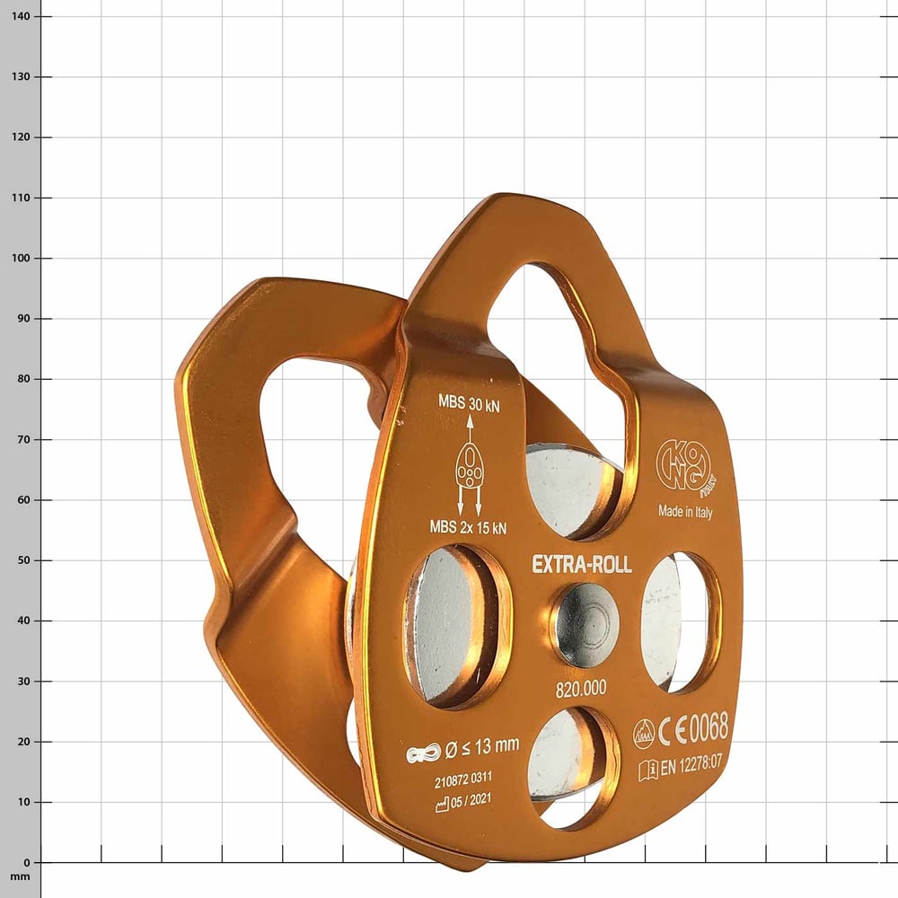 Extra Roll, orange pulley with silver metal axles, manufacturer KONG, Made in Italy, photographed from a slightly different angle with technical specifications on the front