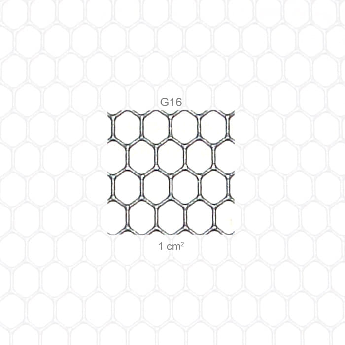 PROTOS® Visor Coarse G16, close-up of the hexagonal mesh net with inscription "G16" and measurement 1 cm²
